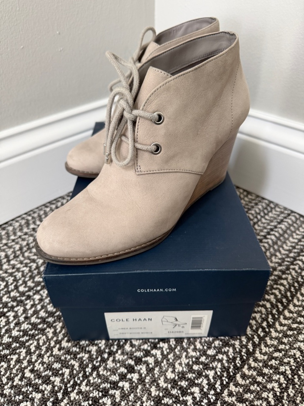 Cole Haan Grey/Taupe Lace-Up Wedge Booties